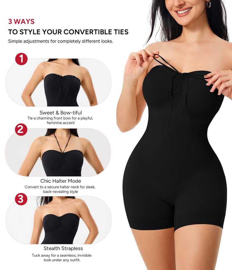 Nebility Strapless Shapewear for Women Tummy Control Shapewear Bodysuits Full Body Shaper with Adjustable Bow & Halter Neck(Black,Large) - Image 2