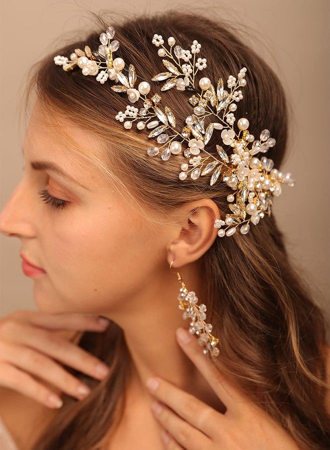 YERTTER Gold Wedding Comb Clip Earring Set Floral Rhinestone Bridal Comb Barrette Crystal Earring Set Handmade Flower Clip Head Pieces for Women - Image 3