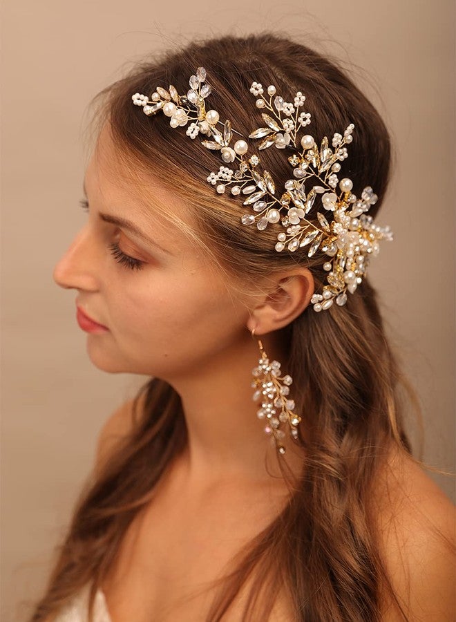YERTTER Gold Wedding Comb Clip Earring Set Floral Rhinestone Bridal Comb Barrette Crystal Earring Set Handmade Flower Clip Head Pieces for Women - Image 1