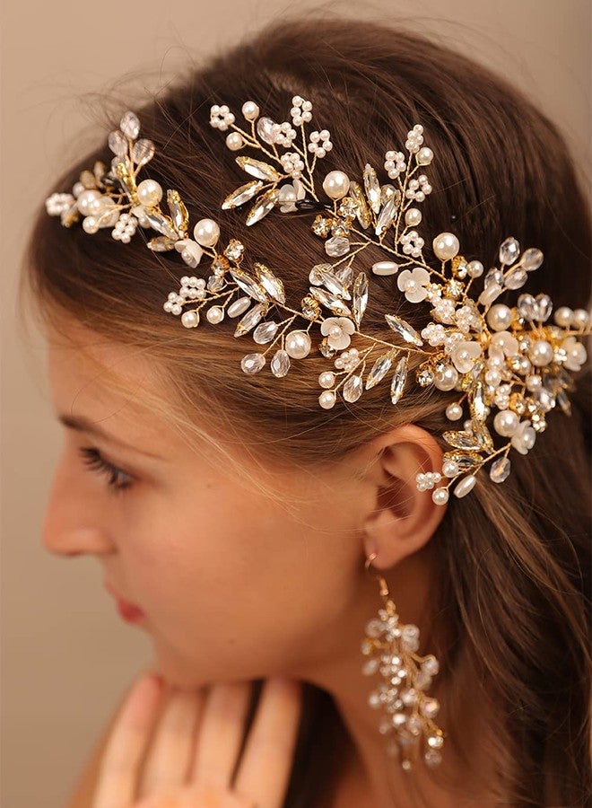 YERTTER Gold Wedding Comb Clip Earring Set Floral Rhinestone Bridal Comb Barrette Crystal Earring Set Handmade Flower Clip Head Pieces for Women - Image 5