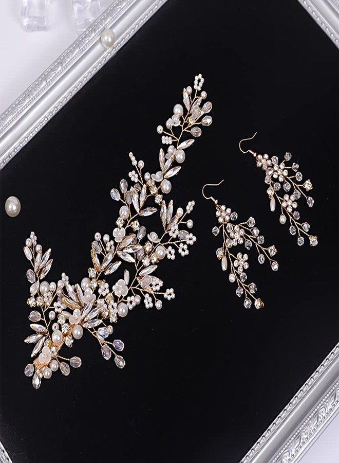 YERTTER Gold Wedding Comb Clip Earring Set Floral Rhinestone Bridal Comb Barrette Crystal Earring Set Handmade Flower Clip Head Pieces for Women - Image 2