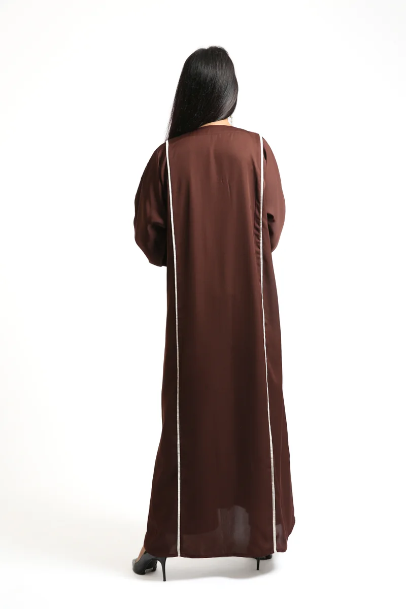 Brown Nida Abaya with Beige Linen Piping front and back with Full Buttons