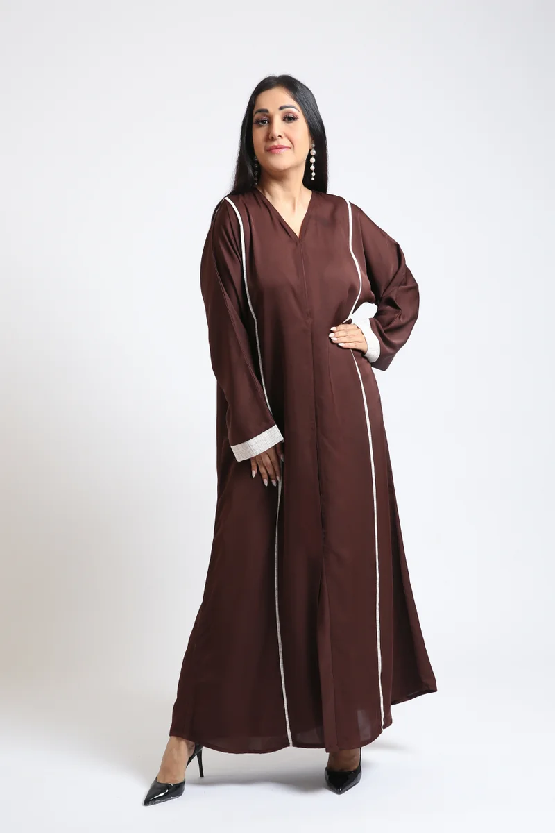 Nikias  Brown Nida Abaya with Beige Linen Piping front and back with Full Buttons for Women | Best Price UAE