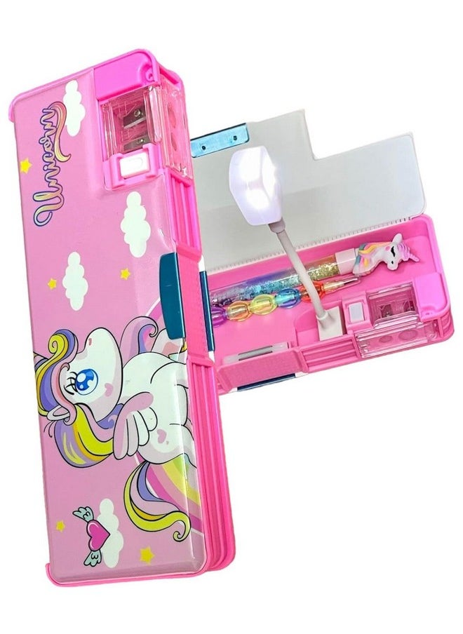 Gold Max - GOLD MAX Plastic Unicorn Pencil Box,Cute Geometry Magnetic Lock Closure Box Led Torch Light Lamp,Pen & Pencil,Unicorn Theme Stationary Organizer School for Girls,Boys Kids (Unicorn)-Multicolor - Image 1