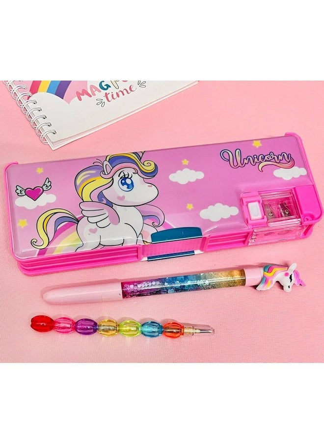 Gold Max - GOLD MAX Plastic Unicorn Pencil Box,Cute Geometry Magnetic Lock Closure Box Led Torch Light Lamp,Pen & Pencil,Unicorn Theme Stationary Organizer School for Girls,Boys Kids (Unicorn)-Multicolor - Image 1