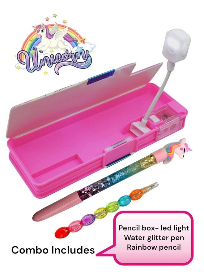 Gold Max - GOLD MAX Plastic Unicorn Pencil Box,Cute Geometry Magnetic Lock Closure Box Led Torch Light Lamp,Pen & Pencil,Unicorn Theme Stationary Organizer School for Girls,Boys Kids (Unicorn)-Multicolor - Image 1