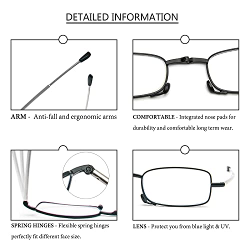 REAVEE 3 Pack Folding Reading Glasses with Keychain Compact Bags for Women Men, Blue Light Blocking Spring Hinge Portable Pocket Readers, Black Brown and Blue 1.5 - Image 3