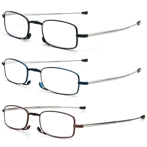 REAVEE 3 Pack Folding Reading Glasses with Keychain Compact Bags for Women Men, Blue Light Blocking Spring Hinge Portable Pocket Readers, Black Brown and Blue 1.5 - Image 2