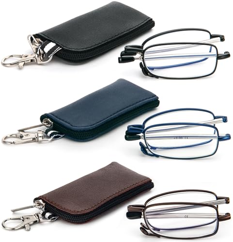 REAVEE 3 Pack Folding Reading Glasses with Keychain Compact Bags for Women Men, Blue Light Blocking Spring Hinge Portable Pocket Readers, Black Brown and Blue 1.5 - Image 1