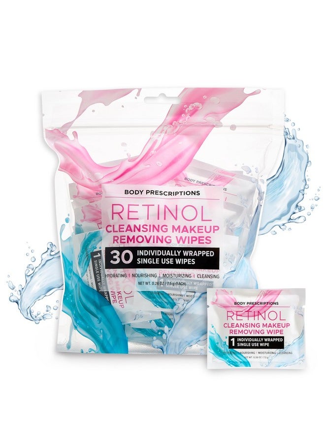 Body Prescriptions - Retinol Cleansing Makeup Removing Wipes 30 Individually Wrapped Single Use Wipes Hydrating Nourishing Moisturizing 7.5G Each - Image 1
