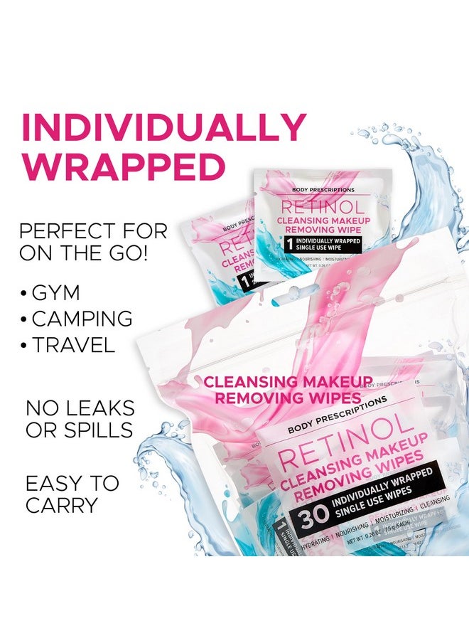 Body Prescriptions - Retinol Cleansing Makeup Removing Wipes 30 Individually Wrapped Single Use Wipes Hydrating Nourishing Moisturizing 7.5G Each - Image 1