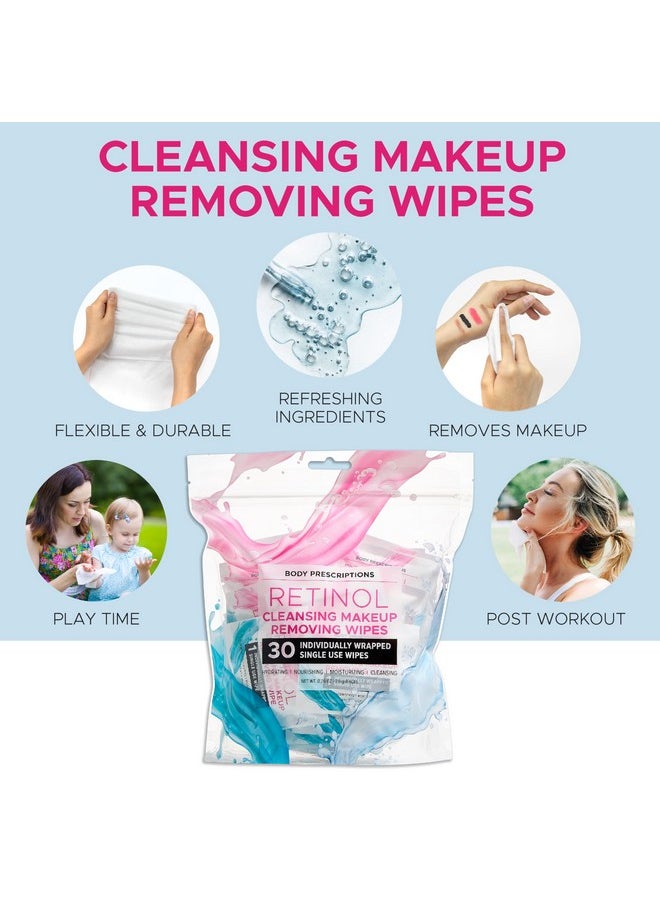 Body Prescriptions - Retinol Cleansing Makeup Removing Wipes 30 Individually Wrapped Single Use Wipes Hydrating Nourishing Moisturizing 7.5G Each - Image 1