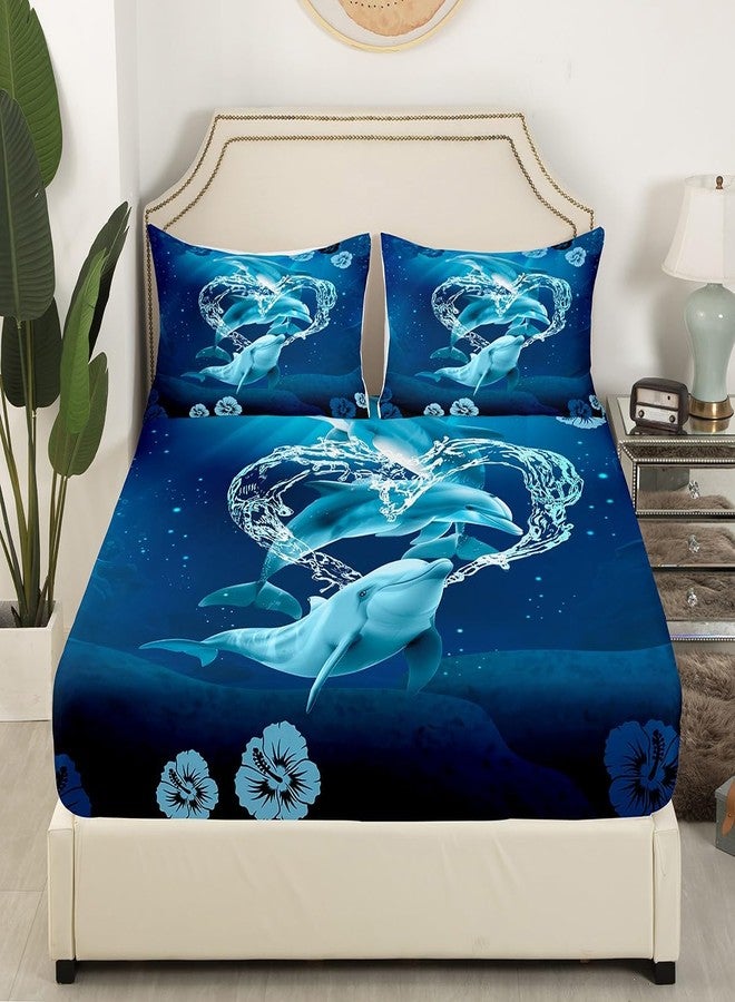 Castle Fairy 3D Dolphin Bedding Set Twin Size Moonlight at Night Bed Set for Girls Teens Bedroom Decor Kids Sea Animals Fitted Sheet Soft Dolphin Jumping Bed Cover(1 Fitted Sheet+1 Pillow Case) No Flat Sheet - Image 2