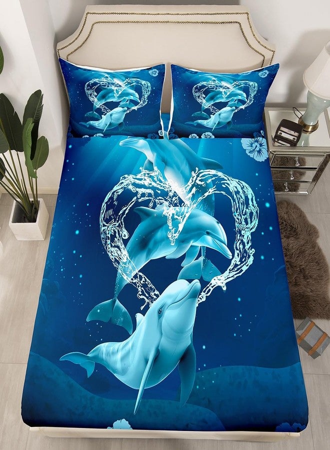 Castle Fairy 3D Dolphin Bedding Set Twin Size Moonlight at Night Bed Set for Girls Teens Bedroom Decor Kids Sea Animals Fitted Sheet Soft Dolphin Jumping Bed Cover(1 Fitted Sheet+1 Pillow Case) No Flat Sheet - Image 1