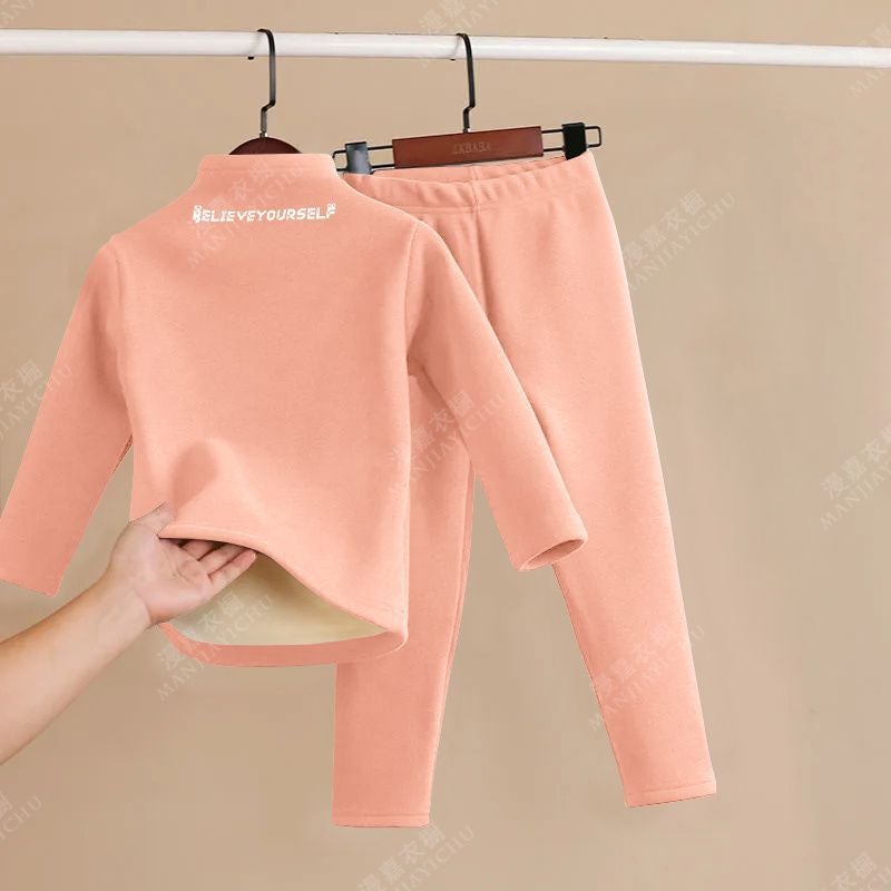 Childrens Thermal Underwear fleece-lined Thickened suit Middle and Big Children Boys Girls Warm Base Heating Autumn Clothes Autumn Pants Winter Pink letters el [q3 set] 