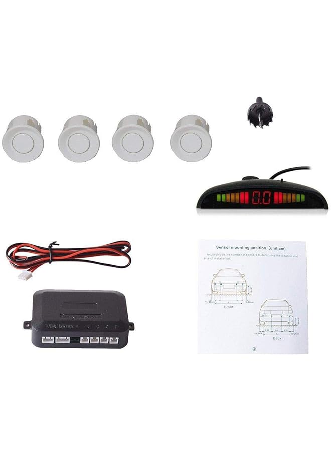 الكبريت نظام رادار احتياطي مرئي للسيارة مزود بأربعة مستشعرات لركن السيارة، ومعلومات المسافة، ومخرج فيديو، وتحذير صوتي، باللون الأبيض - Image 1