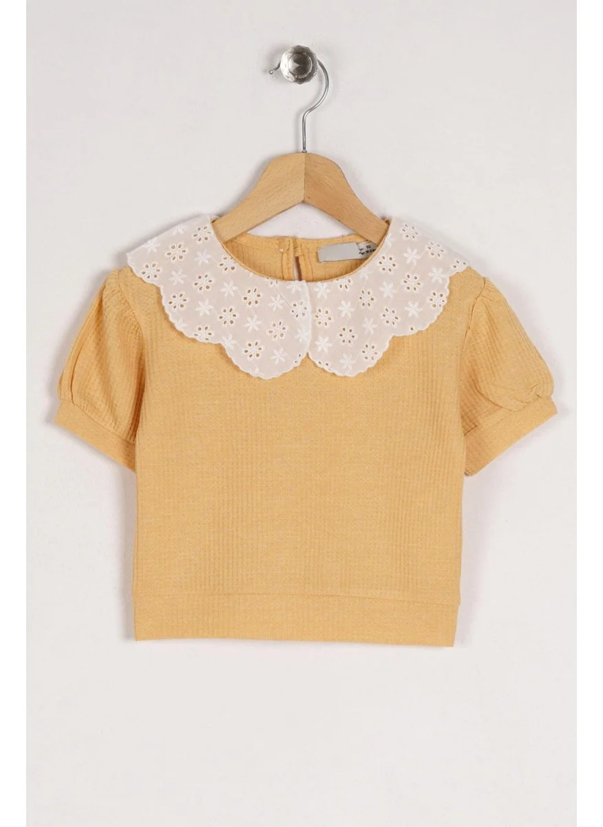 زيبكيدز Baby Collar Short Sleeve Baby Collar Lace Mini Plaid Mustard Color Girl T-shirt