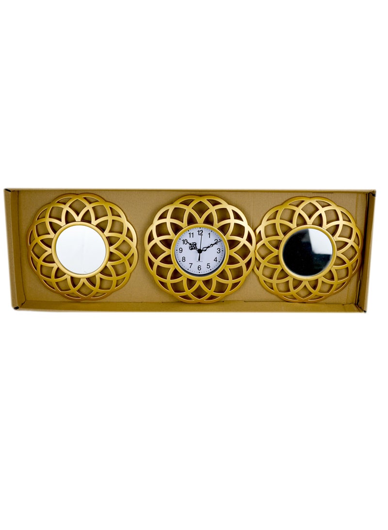Set of 3 Antique Vintage Style Decorative Wall Mirrors With wall Clock Round for Home Office Décor Living Room Bedroom Hall Wash Basin Craft Gold 