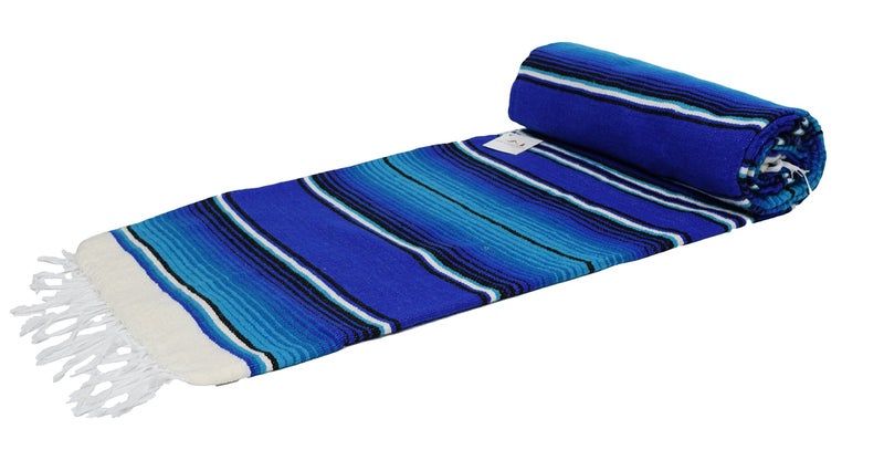 Open Road Goods Authentic Mexican Serape Blanket  Multicolor Saltillo Throw with Classic Stripe Pattern  Lightweight Handmade Blanket for Beach Yoga or Home Decor Blue