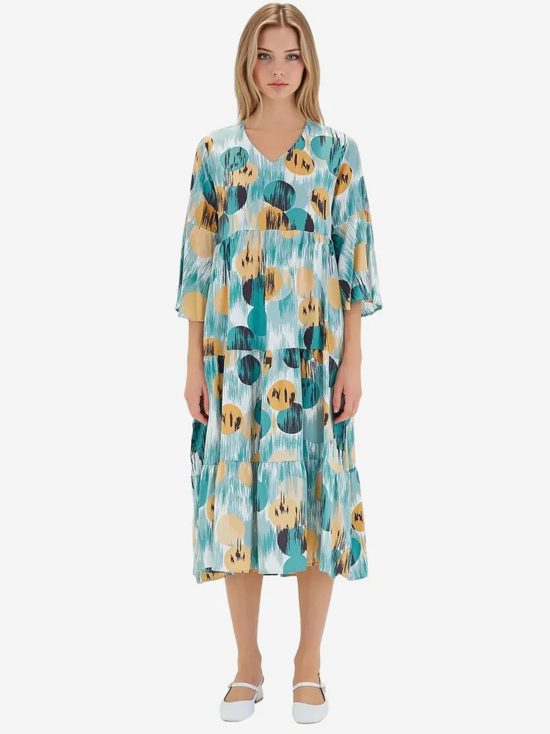 BIG DART BDART Patterned V-Neck Midi Dress with Short Sleeves