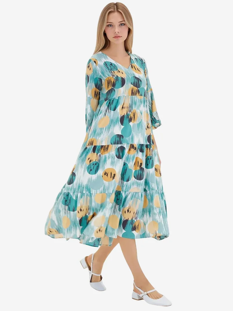 BIG DART BDART Patterned V-Neck Midi Dress with Short Sleeves