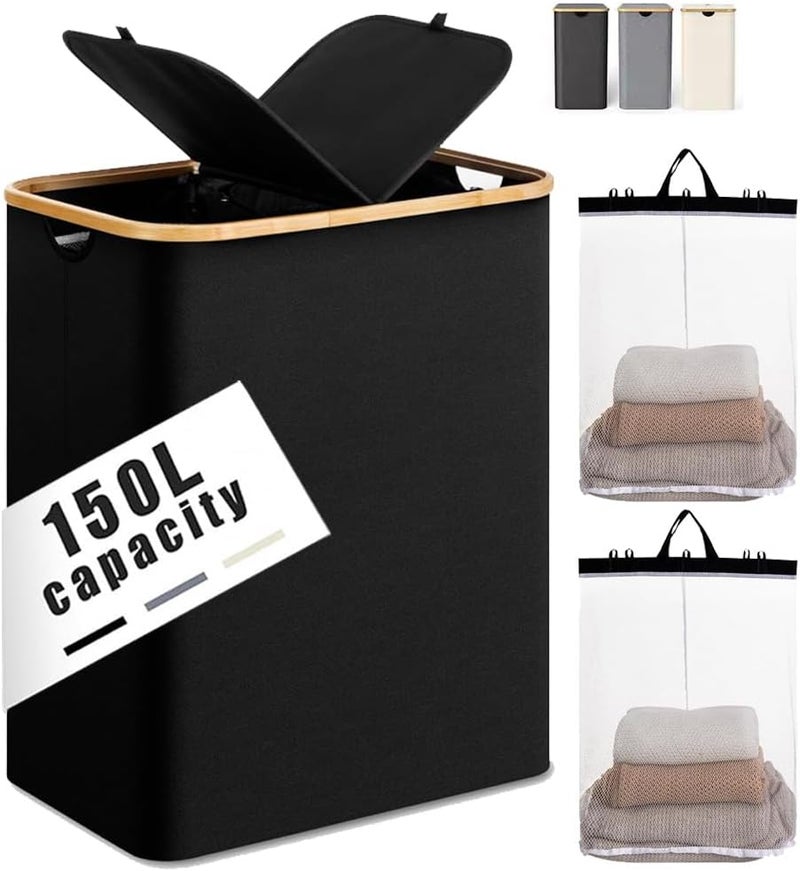 Taizz Ventures 150L Large Laundry Basket with Double Compartment - Foldable Oxford Fabric Hamper with Dustproof Lid & Bamboo Handles for Clothes, Toys, Towels - Space-Saving - (Black, 14.5"L x 22.4"W x 27.1"H) - Image 1
