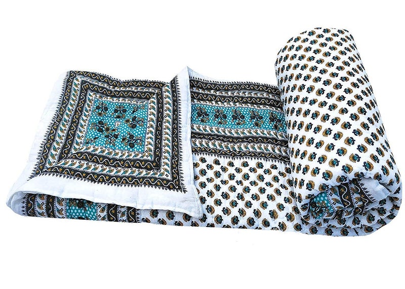 SVT Traditional Famous Rajasthani Print Jaipuri Beautiful Floral Print in White and Seagreen Jaipuri Rajai/Razai/Quilt King Size/King Size Bed Quilt/Comforter/AC Quilt/AC Comforter - Image 3