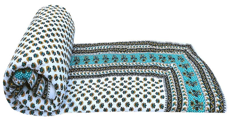 SVT Traditional Famous Rajasthani Print Jaipuri Beautiful Floral Print in White and Seagreen Jaipuri Rajai/Razai/Quilt King Size/King Size Bed Quilt/Comforter/AC Quilt/AC Comforter - Image 1