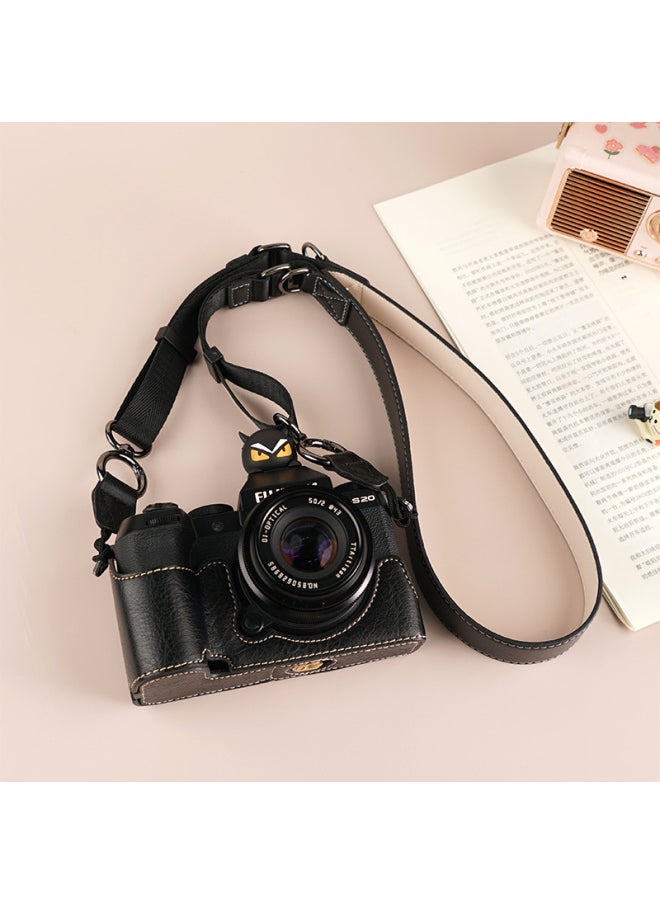 Generic - Suitable For Fuji XS20 Protective Case XT30 Second Generation Camera Bag XT5 Base XM5 Leather Case XT20/XS10 Case-Color:D: Xs20 Lychee Pattern Base [black] + V303 Shoulder Strap, Tempered Film (excluding Hot Shoe Cover) - Image 1