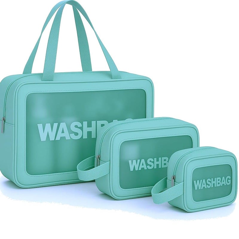 Gritty Wash Bag Pouch for Travel Kit Toiletry Bag Cosmetic Bag Make Up Box for Brushes,Accessories with Handle,Large Capacity Waterproof Travel Storage Organizer Set of 3(Mint Green) - Image 1
