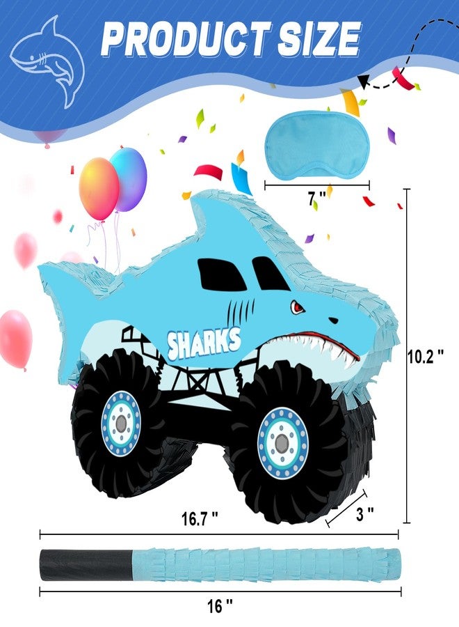 بيناتا شاحنة القرش - بيناتا شاحنة الوحش مع عصابة للعينين ومضرب للأطفال، زينة ألعاب حفلات أعياد الميلاد بطابع شاحنة الوحش القرش (حجم صغير 16.7 بوصة × 10.2 بوصة × 3 بوصة) - Image 2