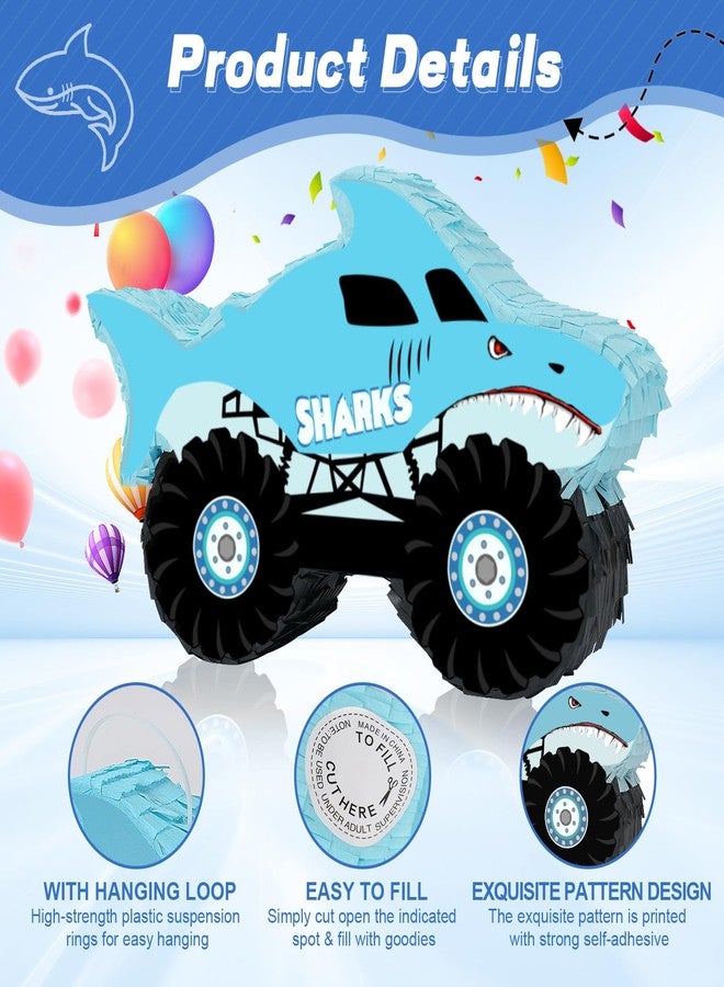 بيناتا شاحنة القرش - بيناتا شاحنة الوحش مع عصابة للعينين ومضرب للأطفال، زينة ألعاب حفلات أعياد الميلاد بطابع شاحنة الوحش القرش (حجم صغير 16.7 بوصة × 10.2 بوصة × 3 بوصة) - Image 3