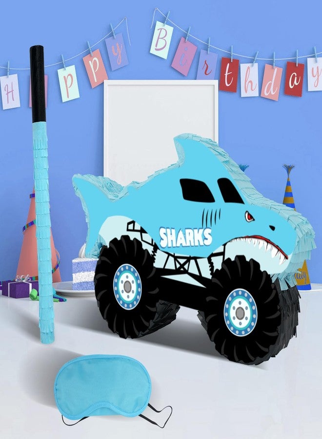 بيناتا شاحنة القرش - بيناتا شاحنة الوحش مع عصابة للعينين ومضرب للأطفال، زينة ألعاب حفلات أعياد الميلاد بطابع شاحنة الوحش القرش (حجم صغير 16.7 بوصة × 10.2 بوصة × 3 بوصة) - Image 4