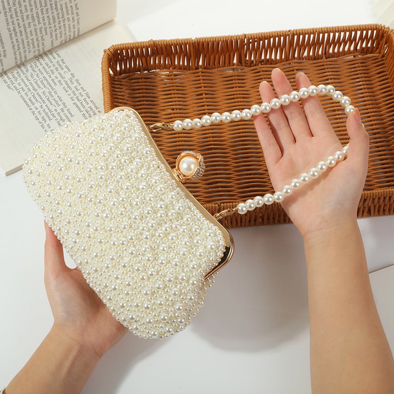pearl beaded embroidered evening bag portable womens bag evening bag banquet bag womens clutch beaded bagBeige (including pearl chain) Beige (including pearl chain)