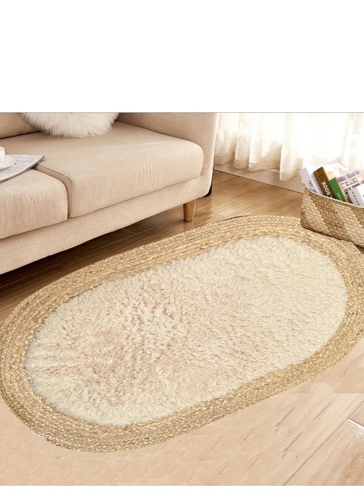 LINGWEI Oval Jute and Plush Area Rug | Natural Fiber Carpet for Living Room, Bedroom & Nursery | Soft, Eco-Friendly Floor Decor  - Image 2