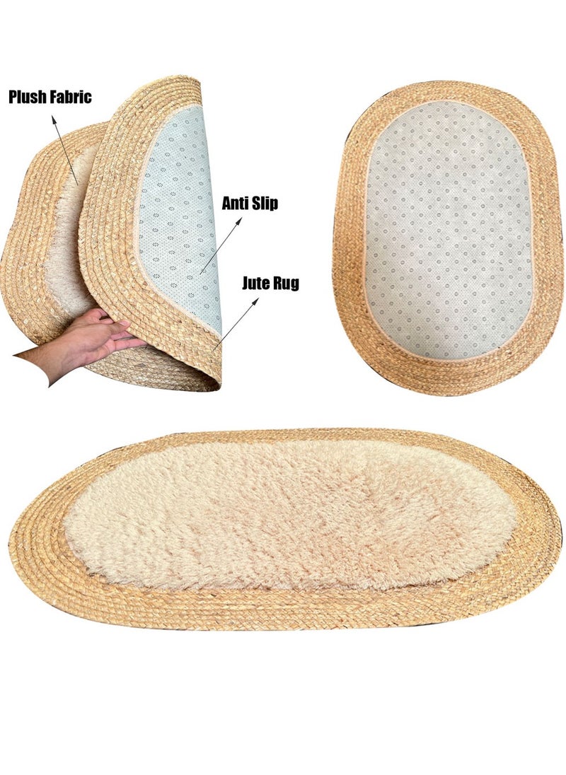 LINGWEI Oval Jute and Plush Area Rug | Natural Fiber Carpet for Living Room, Bedroom & Nursery | Soft, Eco-Friendly Floor Decor  - Image 3