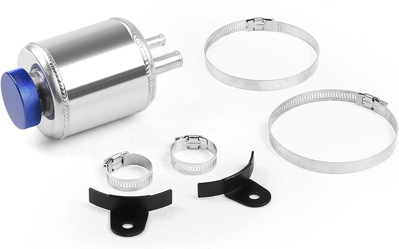 Dyno Racing Silver Universal Aluminum Fuel Cell Surge Tank Power Steering Fluid Reservoir with Clamps Kit - Image 1