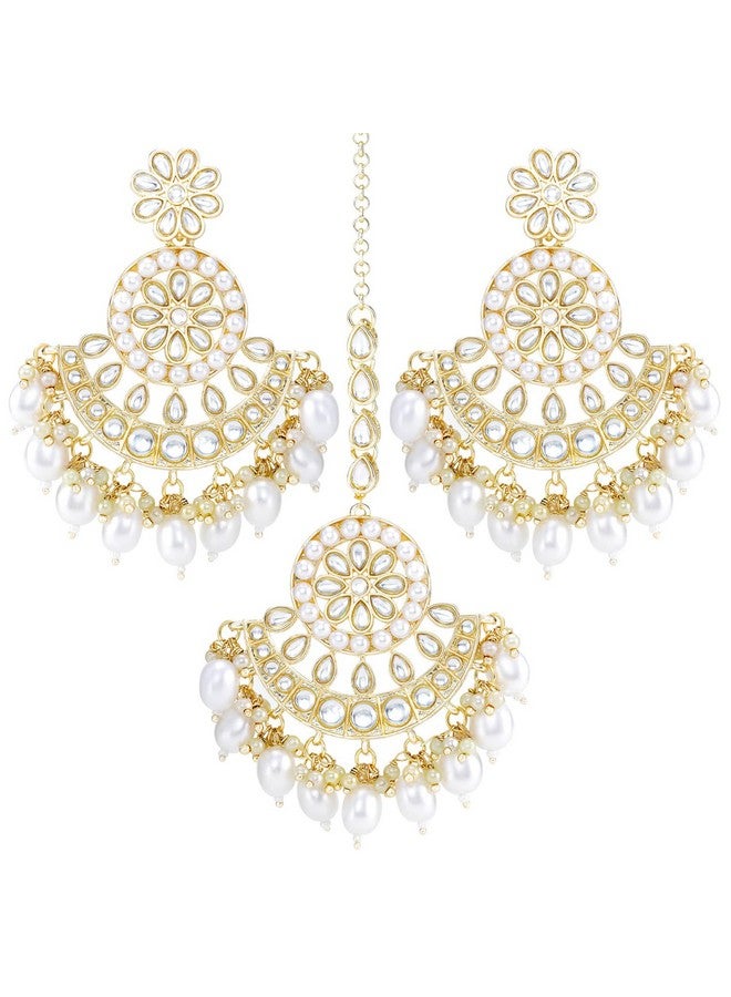 Peora Traditional Gold Plated White Kundan & Pearl Dangle Earrings & Maang Tikka Ethnic Stylish Jewellery Set Gifts for Women & Girls - Image 1