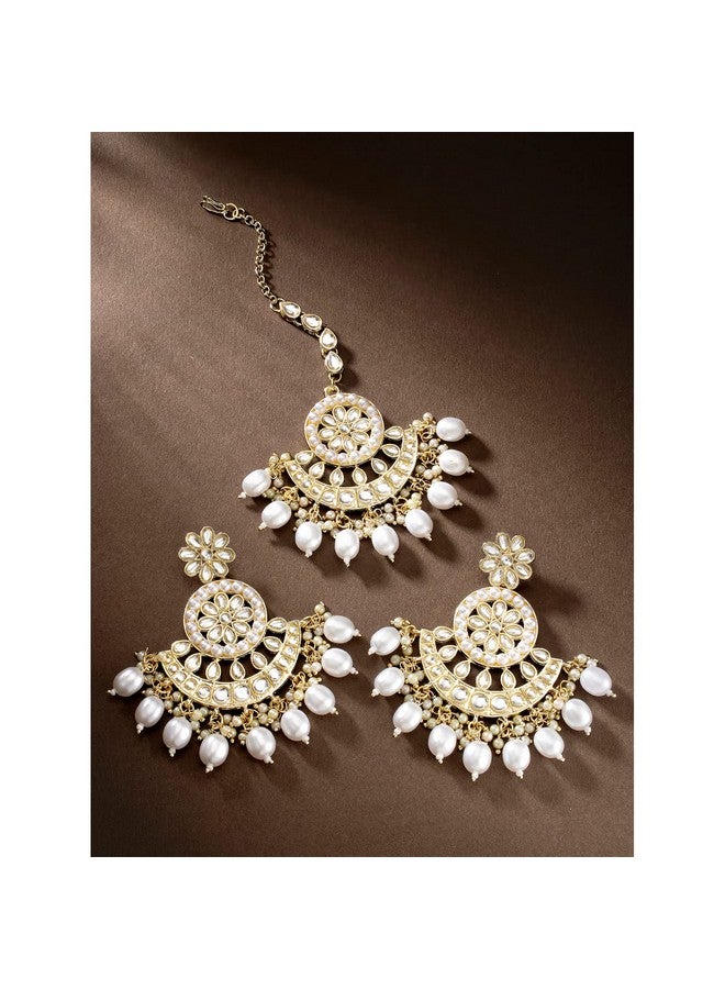 Peora Traditional Gold Plated White Kundan & Pearl Dangle Earrings & Maang Tikka Ethnic Stylish Jewellery Set Gifts for Women & Girls - Image 2