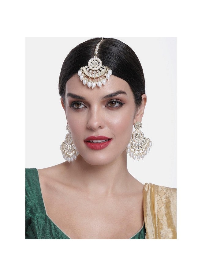 Peora Traditional Gold Plated White Kundan & Pearl Dangle Earrings & Maang Tikka Ethnic Stylish Jewellery Set Gifts for Women & Girls - Image 3