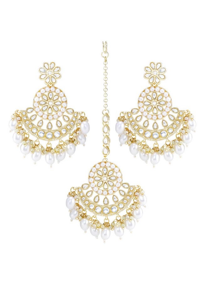 Peora Traditional Gold Plated White Kundan & Pearl Dangle Earrings & Maang Tikka Ethnic Stylish Jewellery Set Gifts for Women & Girls - Image 4