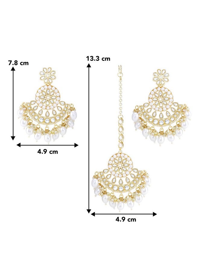 Peora Traditional Gold Plated White Kundan & Pearl Dangle Earrings & Maang Tikka Ethnic Stylish Jewellery Set Gifts for Women & Girls - Image 5