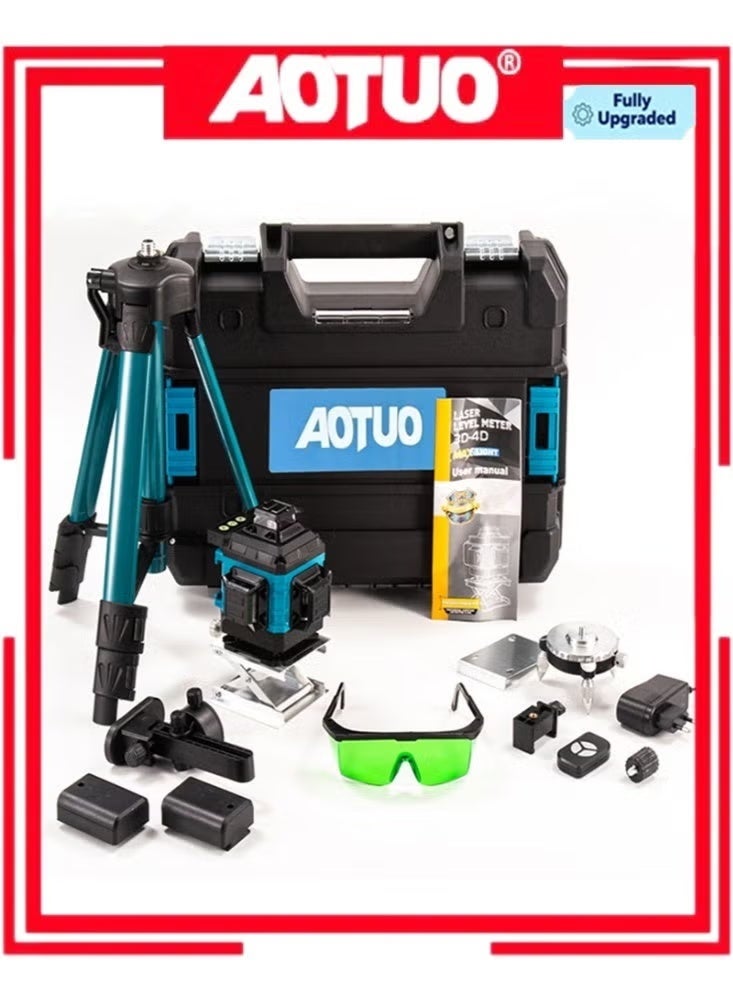 AOTUO مستوى الليزر الأخضر 16 خط 4x360° ذاتي التسوية مع حامل، 4D تقاطعات خضراء للبناء وتعليق الصور، أداة قياس بالليزر مع 2 بطاريات قابلة للشحن وحقيبة أدوات - Image 1