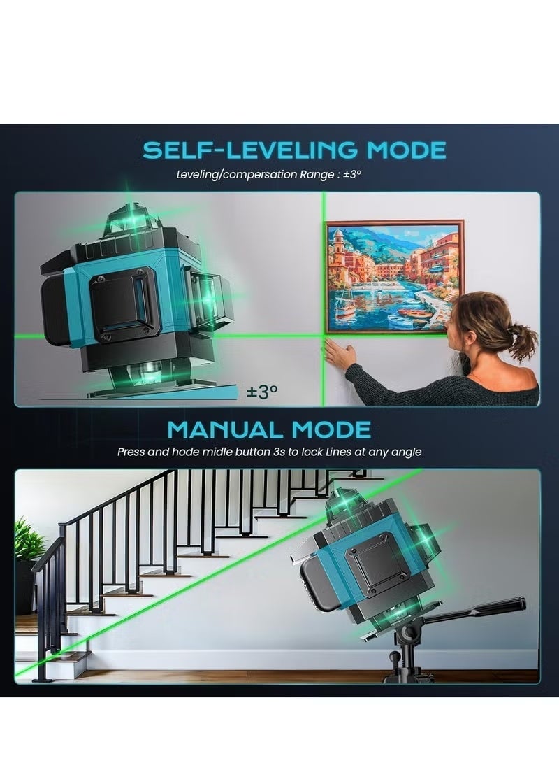 AOTUO مستوى الليزر الأخضر 16 خط 4x360° ذاتي التسوية مع حامل، 4D تقاطعات خضراء للبناء وتعليق الصور، أداة قياس بالليزر مع 2 بطاريات قابلة للشحن وحقيبة أدوات - Image 3