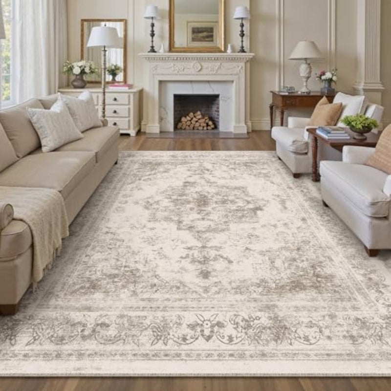 Vintage Carpet Living Room Rug 200x300cm Beige Washable Non Slip Large Carpets Bedroom Kitchen Hall Lounge Office Dining Playroom Indoor Low Pile Decoration Rugs - Image 1