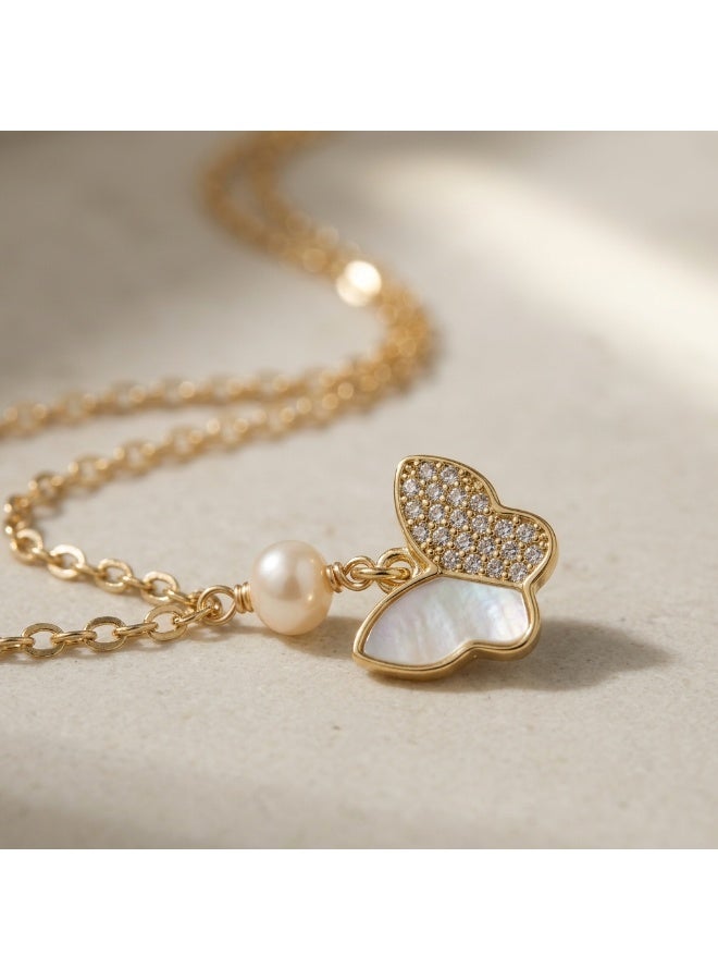 Minorisa 18K GOLD PLATED ZIRCON SEASHELL BUTTERFLY PENDANT NECKLACE WITH ORGANIC PEARL - Image 4