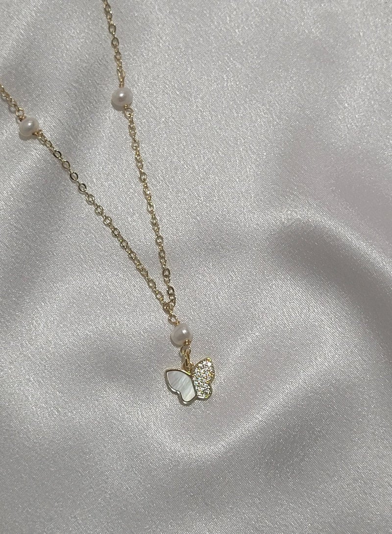 Minorisa 18K GOLD PLATED ZIRCON SEASHELL BUTTERFLY PENDANT NECKLACE WITH ORGANIC PEARL - Image 2