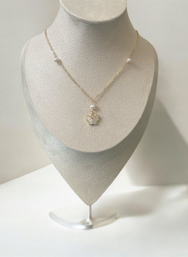 Minorisa 18K GOLD PLATED ZIRCON SEASHELL BUTTERFLY PENDANT NECKLACE WITH ORGANIC PEARL - Image 3