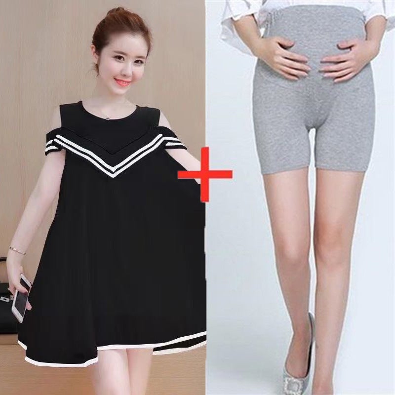 Summer Maternity Off-Shoulder A-Line DressBlack 600 skirt + safety gray pants Black 600 skirt + safety gray pants