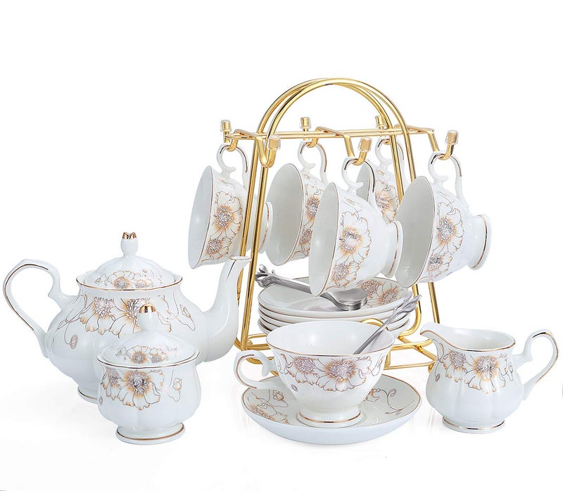CHENP.HMC Tea Set 22-Piece Porcelain Ceramic Coffee Tea Gift Sets Cups Saucer Service for 6 Teapot Sugar Bowl Creamer Pitcher and Teaspoons (Chrysanthemum) - Image 1